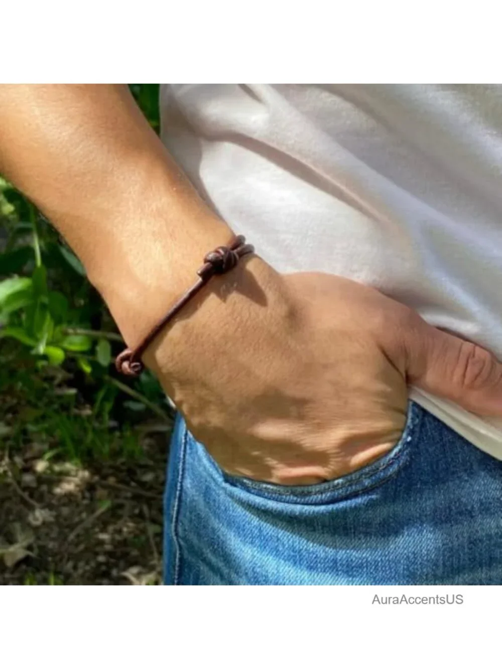 Men's Genuine Leather Bracelet, Handmade Adjustable Sliding Knot Cuff,
